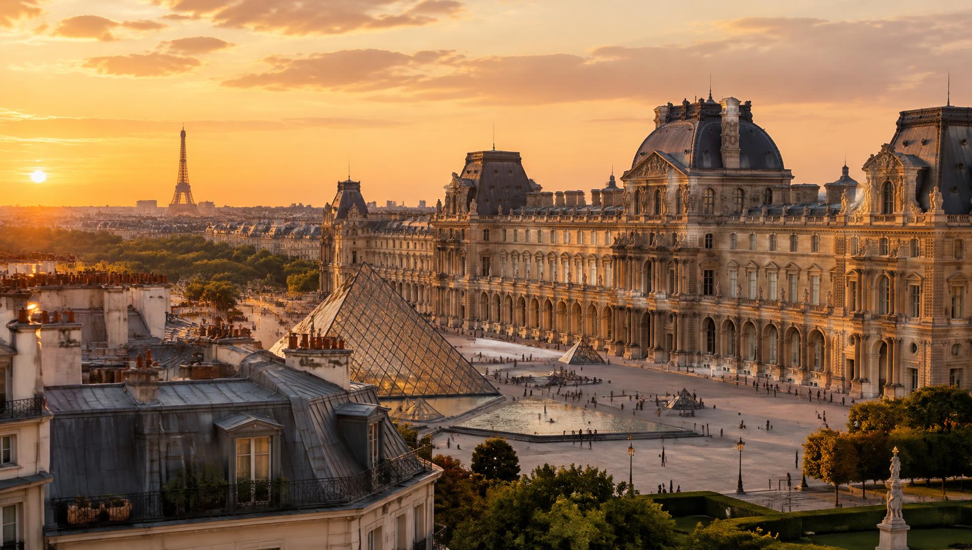 The Louvre palace and Paris rooftops at sunset